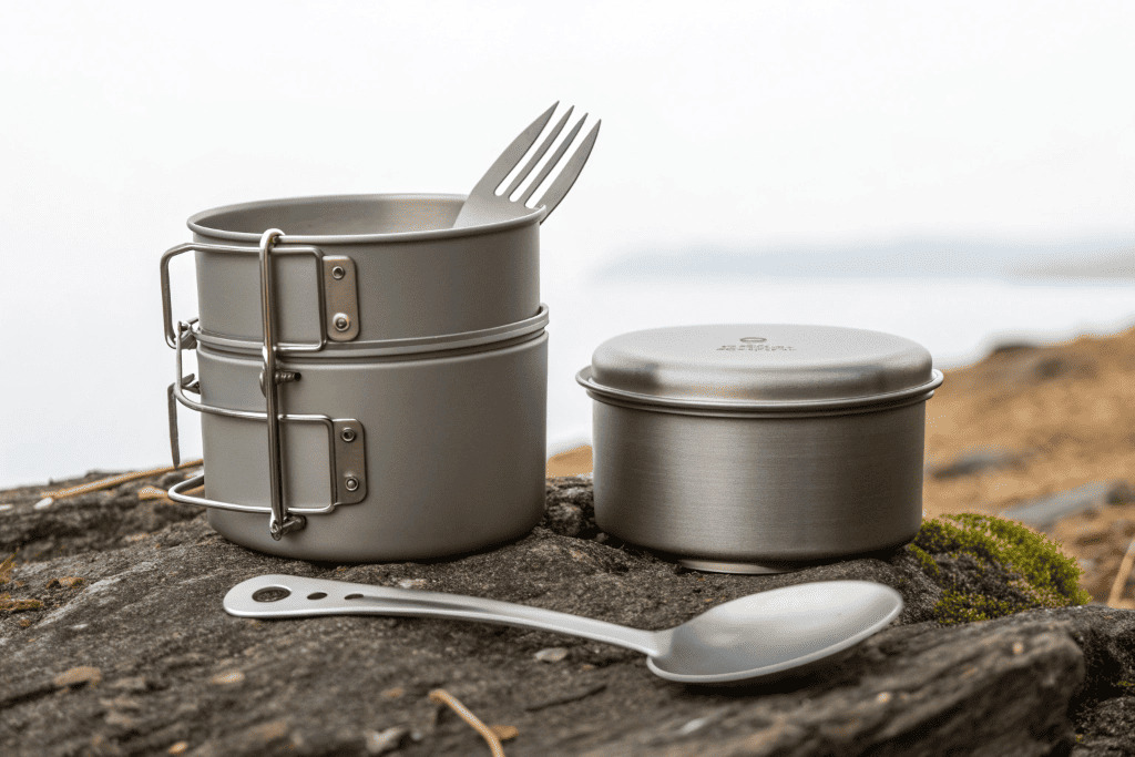 A single titanium pot and spork, representing minimalist packing