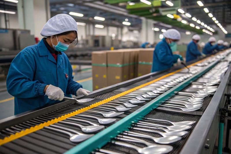 An assembly line showing titanium cutlery being manufactured