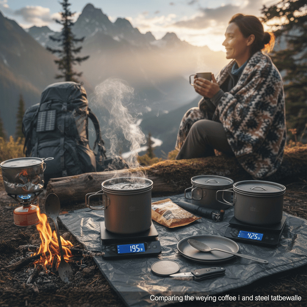 A titanium pot on a digital scale next to a steel pot