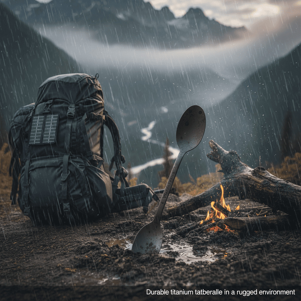 A titanium spork stuck in the dirt next to a campfire