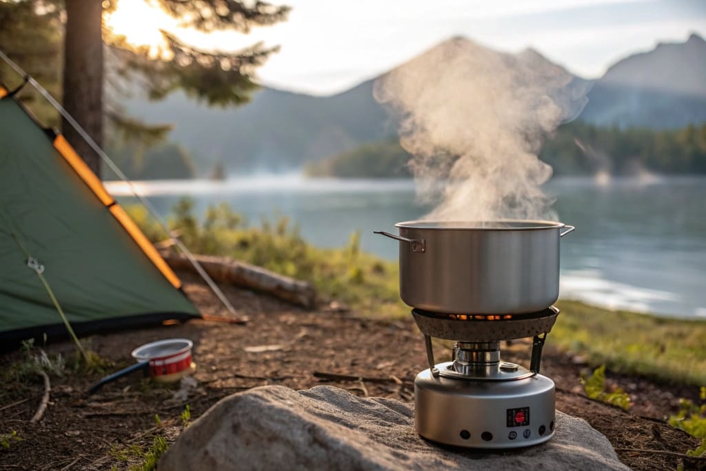 Boiling water in a titanium pot on a camping stove