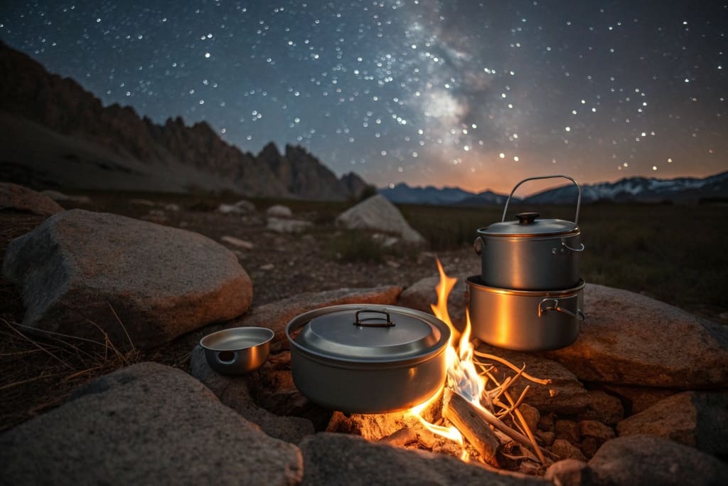 A set of titanium camping cookware by a campfire