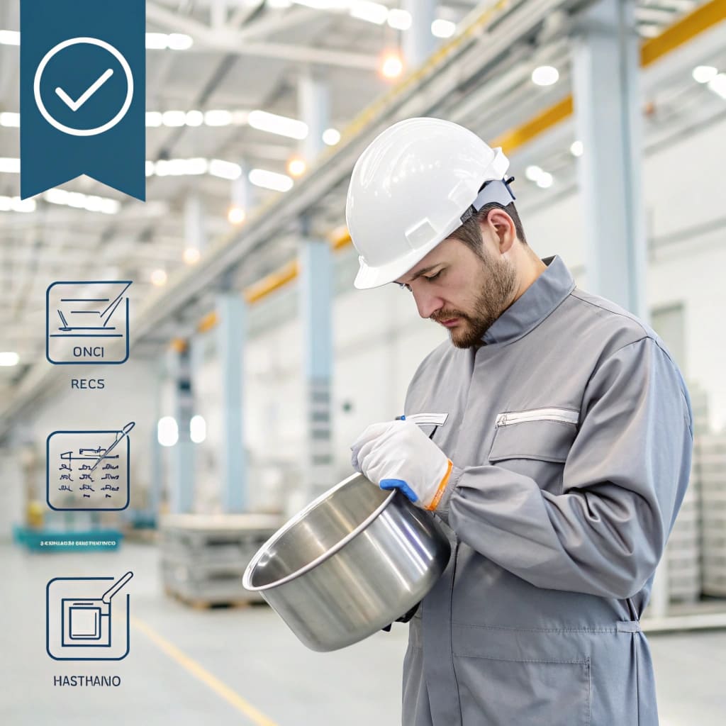 A factory worker inspecting a titanium pot