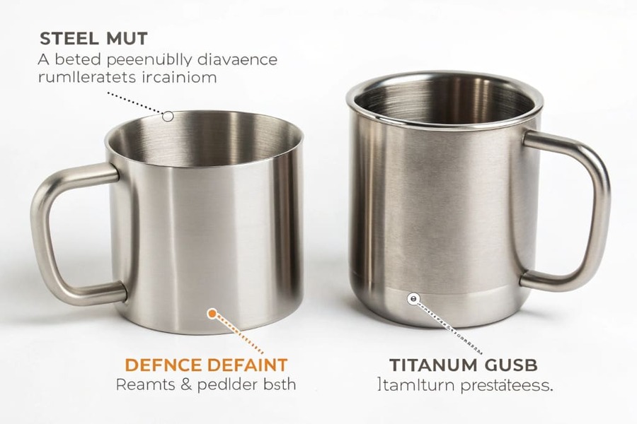 A steel mug with a dent next to a pristine titanium mug