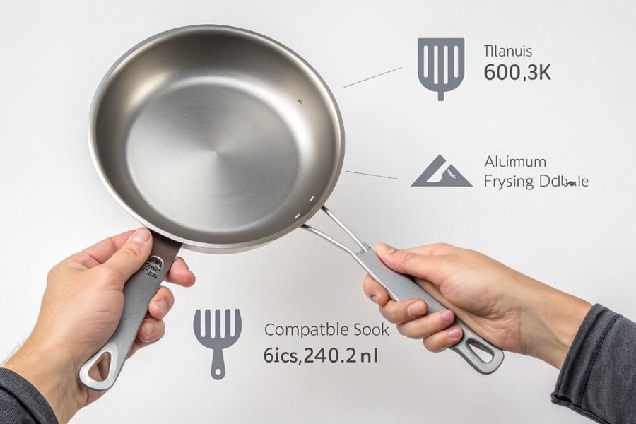 A person comparing a titanium spork and an aluminum frying pan