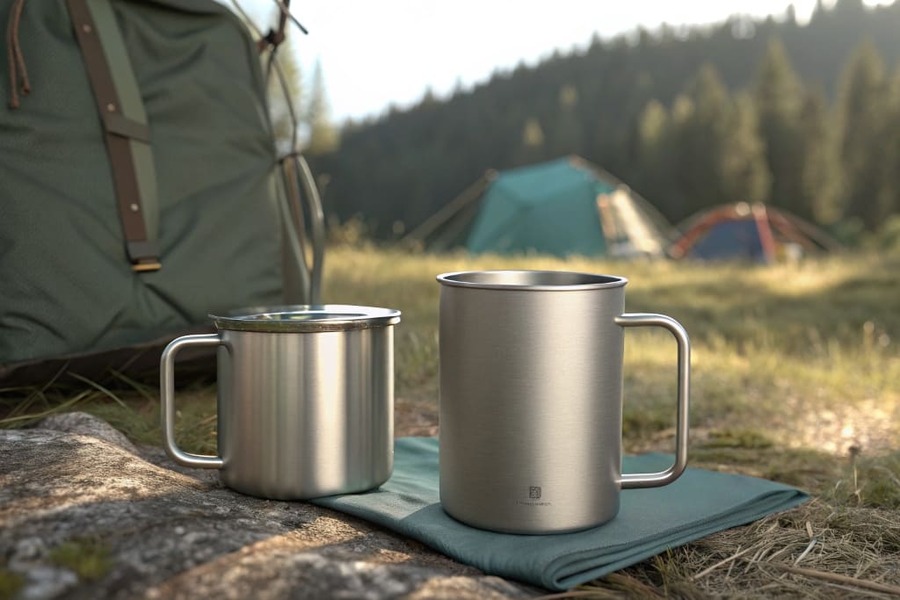 A titanium mug and a steel mug side-by-side in a campsite