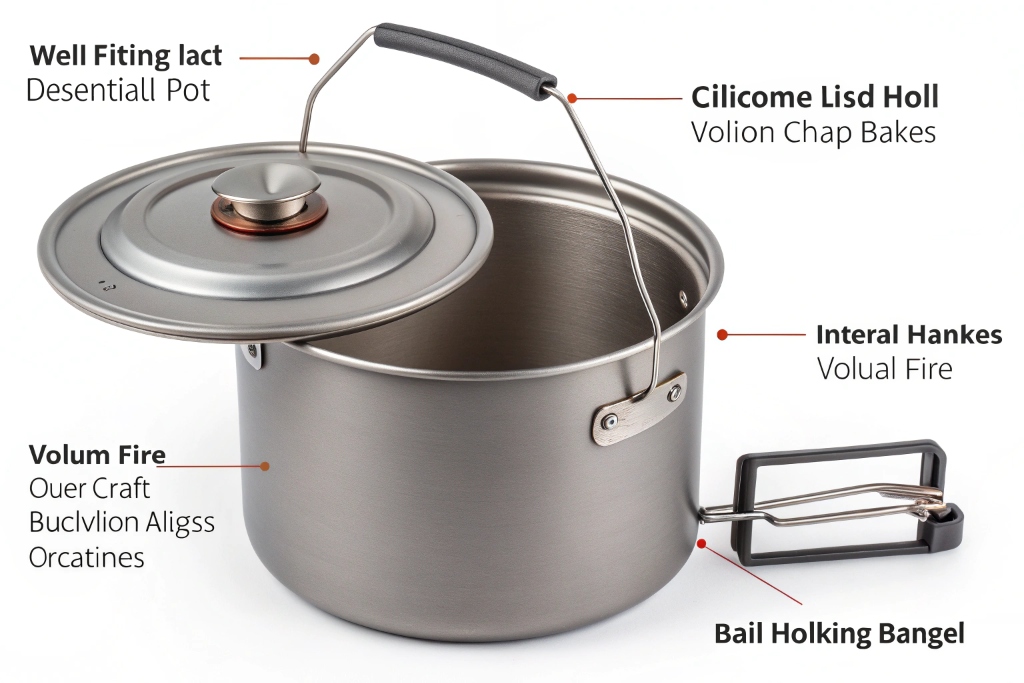 A detailed shot of a titanium pot's features like handles and lid