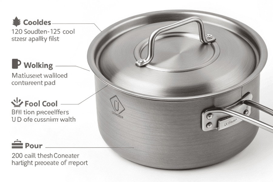 Close-up of a well-made titanium pot handle and lid