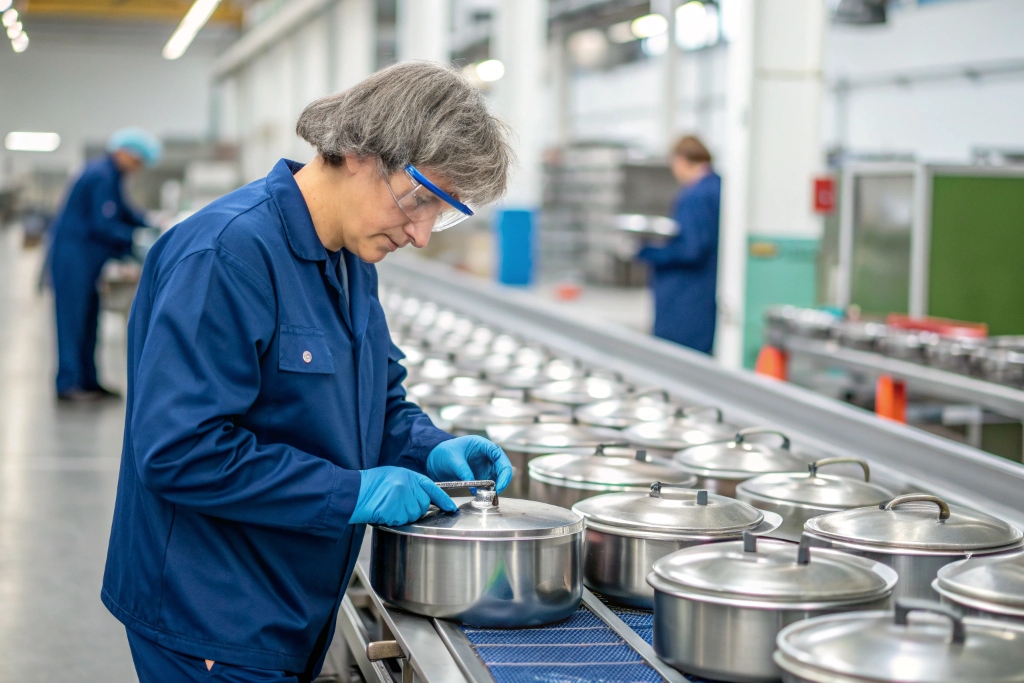 A factory worker inspecting a titanium pot on a production line