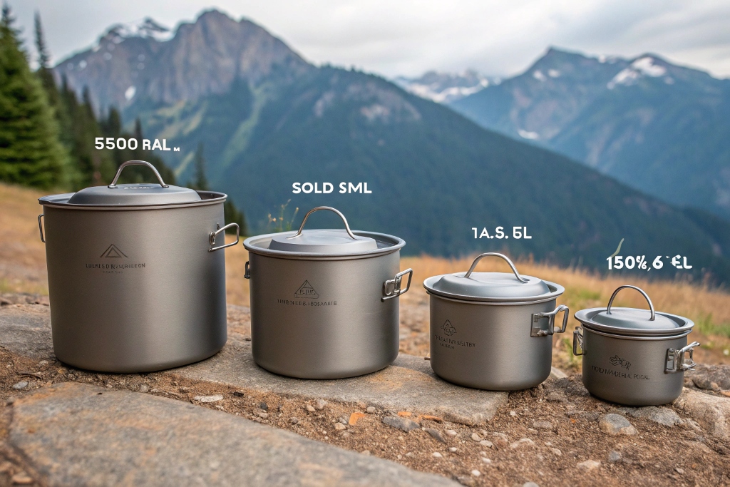 Different sizes of titanium pots lined up for comparison