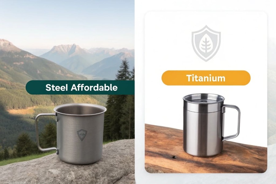 A price tag on a titanium mug compared to a steel mug
