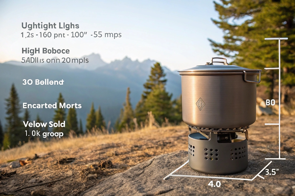 A lightweight titanium pot on a camping stove in the wilderness