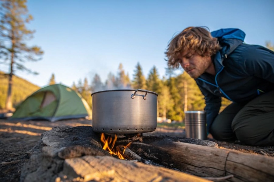 A camper looking at a burnt spot on the bottom of a titanium pot