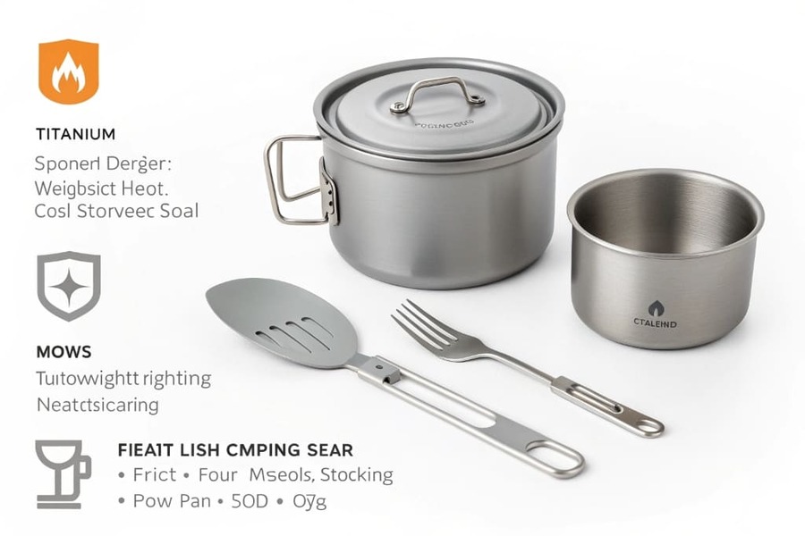 An assortment of titanium camping gear including a pot, spork, and mug