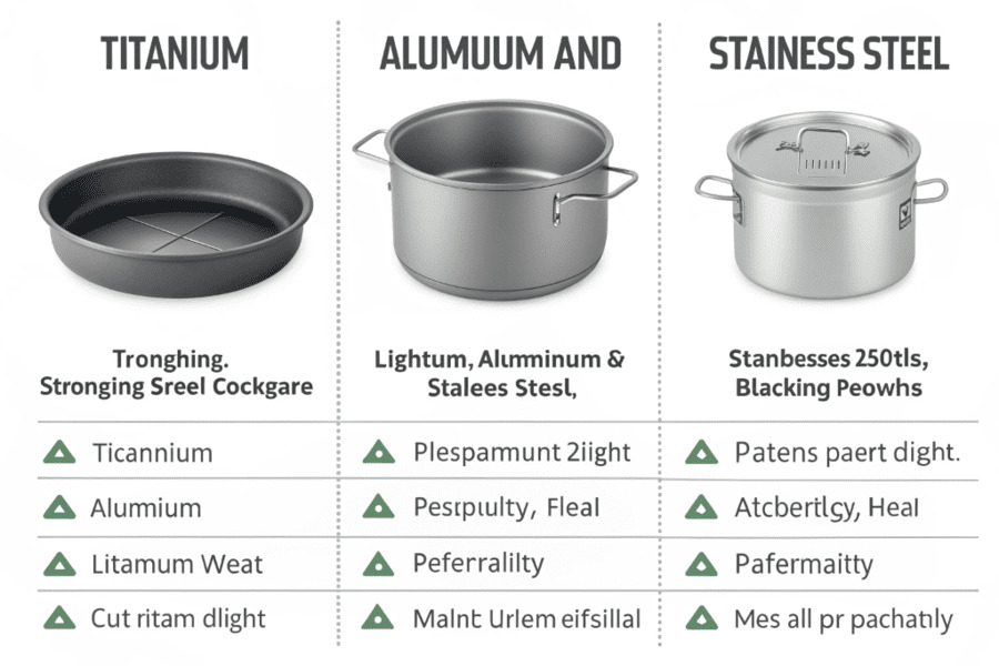 A comparison chart of titanium, aluminum, and stainless steel cookware