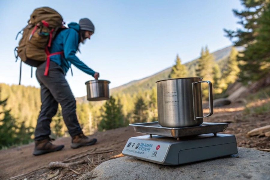A backpacker weighing a titanium mug on a small scale