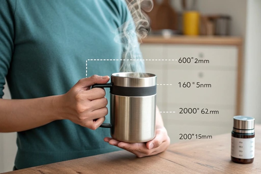 A person holding a double-wall mug with steam rising from it