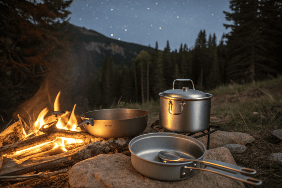 A set of titanium camping cookware next to a campfire