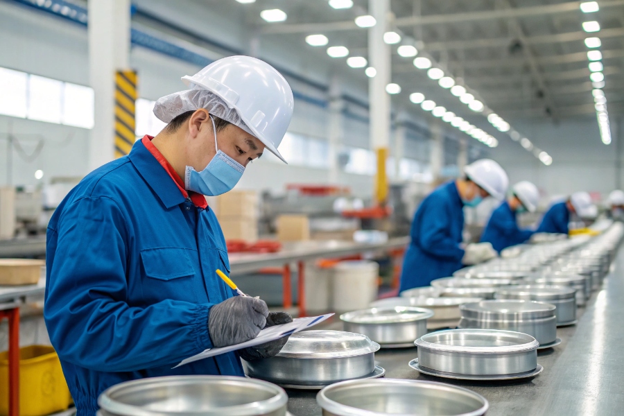 a quality control inspector is checking the quality of titanium cookware on the production line