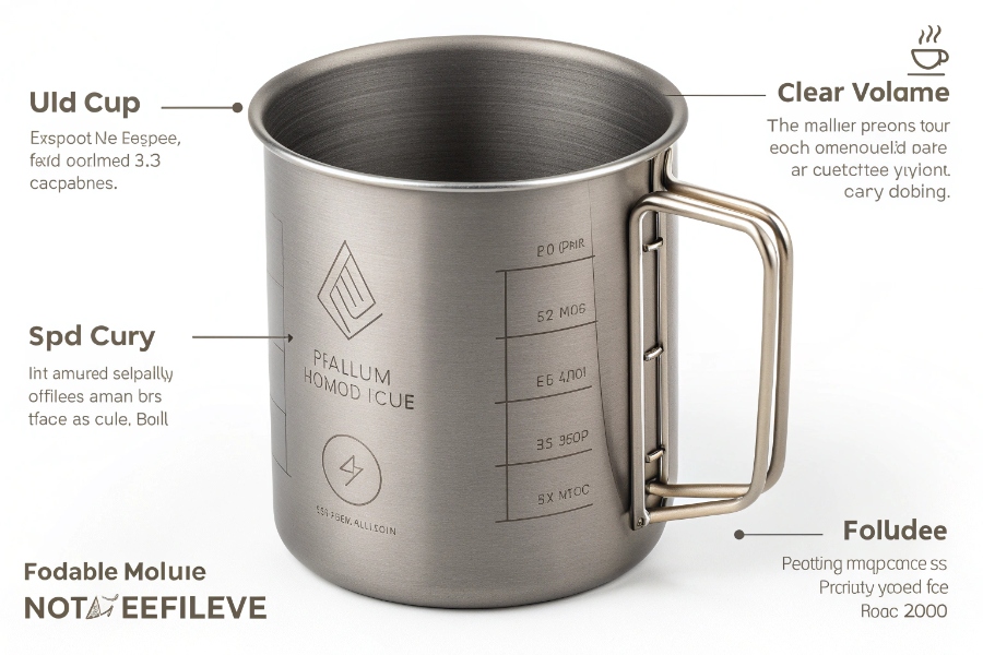 a uniquely designed titanium cup with a foldable handle