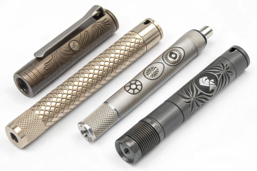 Different titanium products with various finishes and laser-engraved logos