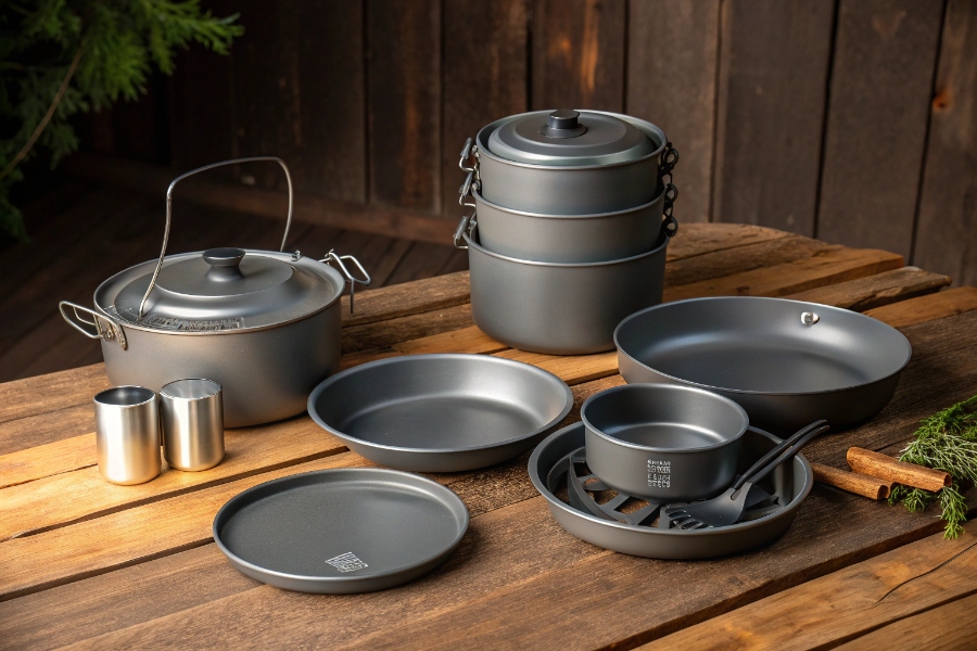 a set of titanium cookware for camping is neatly arranged on a wooden table