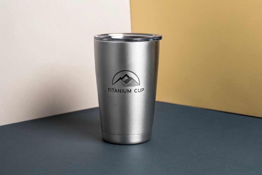 a titanium cup with a custom brand logo engraved on it