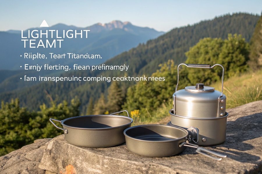 Lightweight titanium camping cookware set in use outdoors