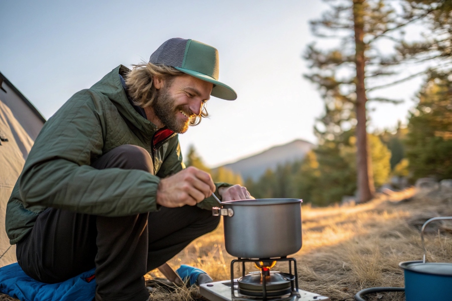 A happy camper cooking a meal easily with a titanium pot over a camp stove