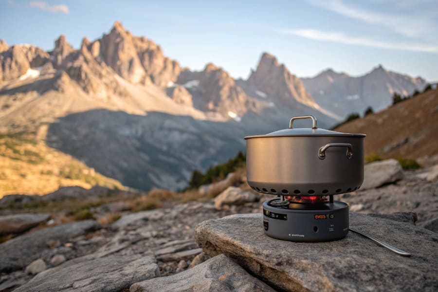 A titanium pot sitting on a camp stove in the mountains