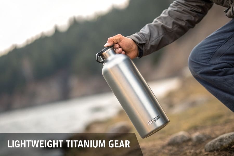 A person easily holding a large titanium bottle with one hand