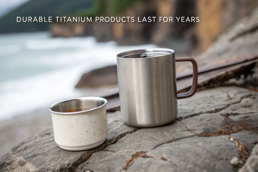 A well-used but still intact titanium mug next to a new one