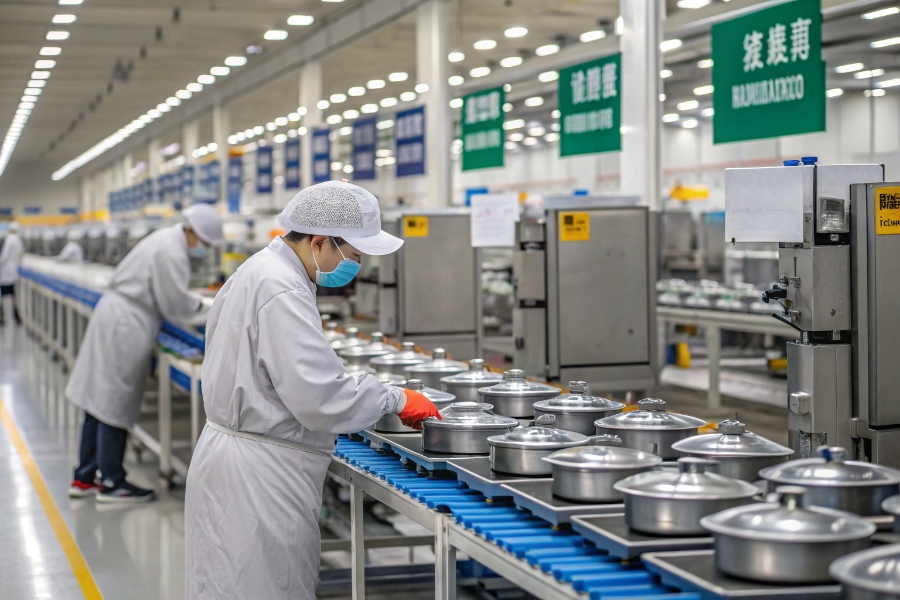 A factory floor showing clean and organized production lines for titanium cookware