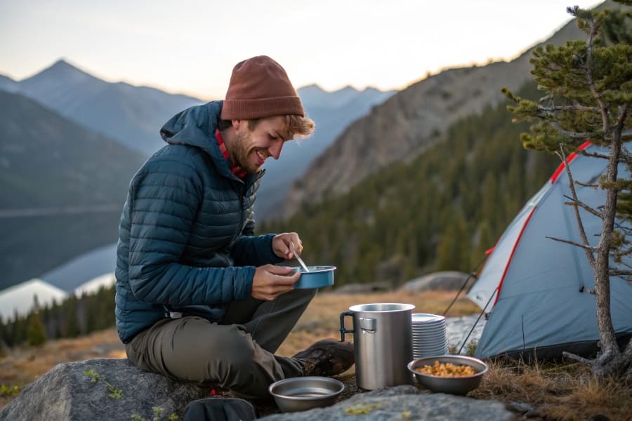 Backpacker enjoying a meal with titanium cookware