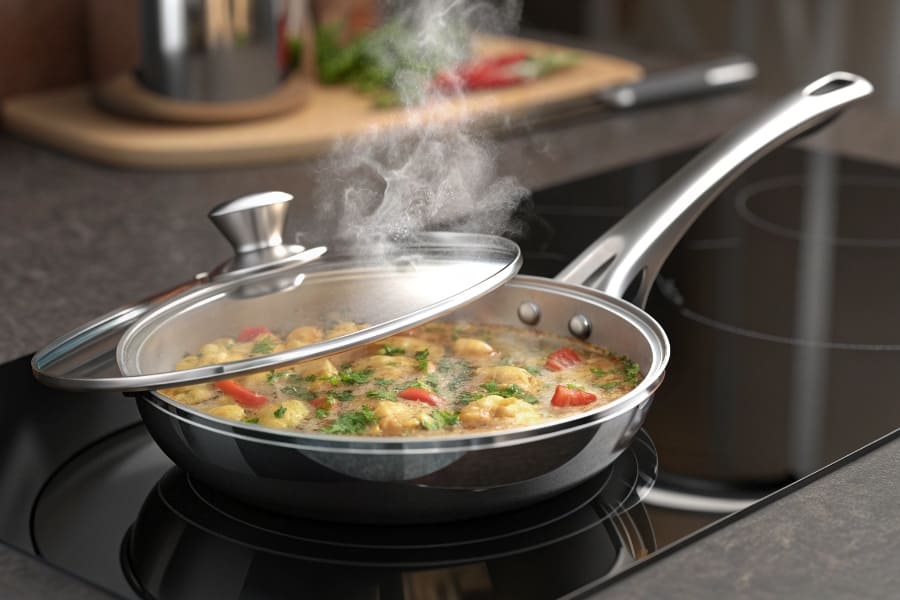 A close-up of food cooking in a clean titanium pan