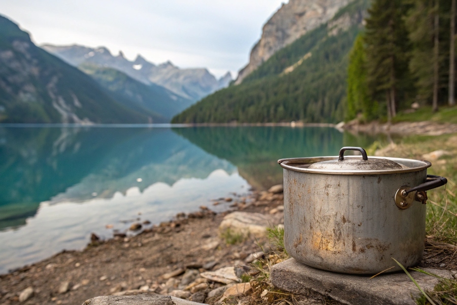 A scratched and used titanium pot next to a pristine mountain lake