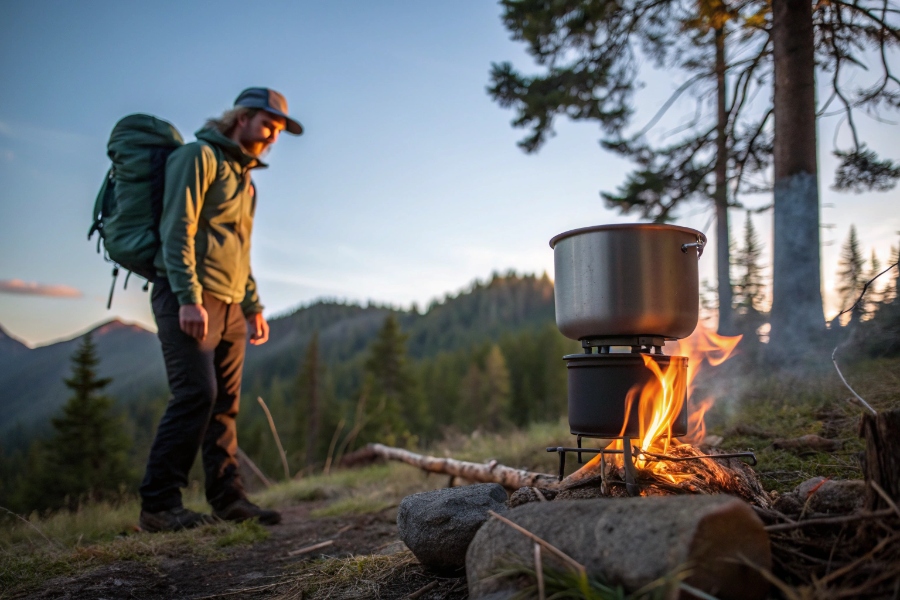 A hiker stirring a meal in a titanium pot on a low flame