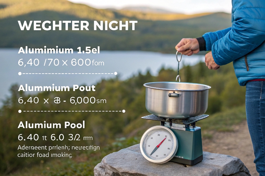 Digital scale showing the significant weight difference between a titanium pot and a steel pot