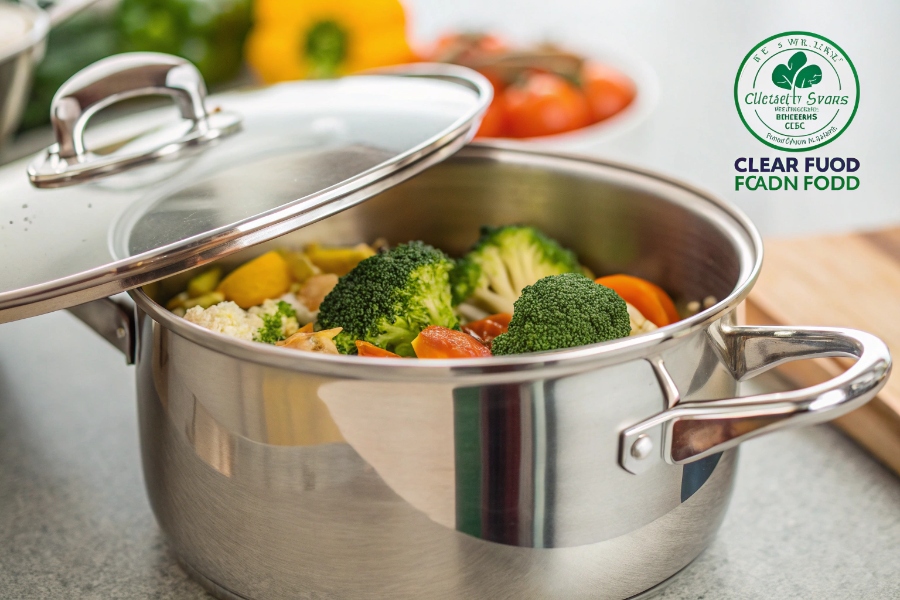 Close-up of clean food cooking in a titanium pot